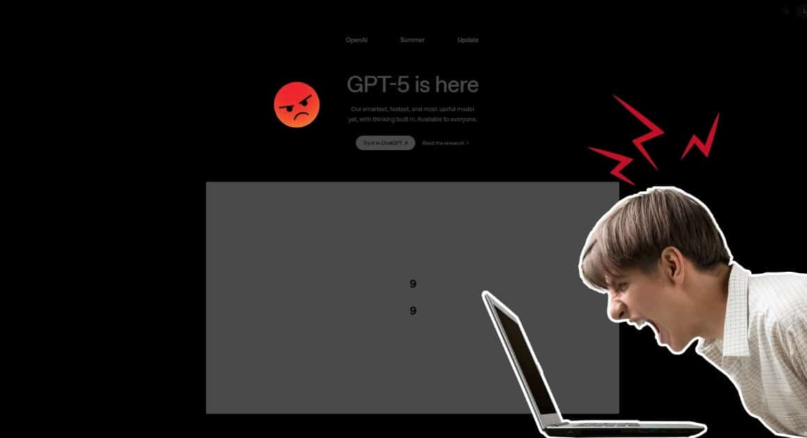 Symbolbild: frustrierter Nutzer vor Laptop, im Hintergrund „GPT-5 is here“ – Hinweis auf Launch-Probleme und Latenz.