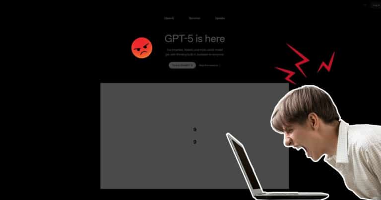 Symbolbild: frustrierter Nutzer vor Laptop, im Hintergrund „GPT-5 is here“ – Hinweis auf Launch-Probleme und Latenz.