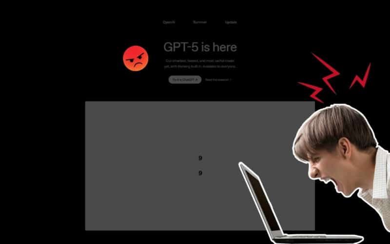 Symbolbild: frustrierter Nutzer vor Laptop, im Hintergrund „GPT-5 is here“ – Hinweis auf Launch-Probleme und Latenz.