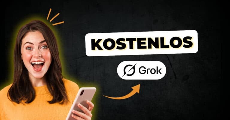 Titelbild: Grok 4 jetzt gratis – lächelnde Nutzerin mit Handy, ‚KOSTENLOS‘-Banner, Pfeil aufs Grok-Logo