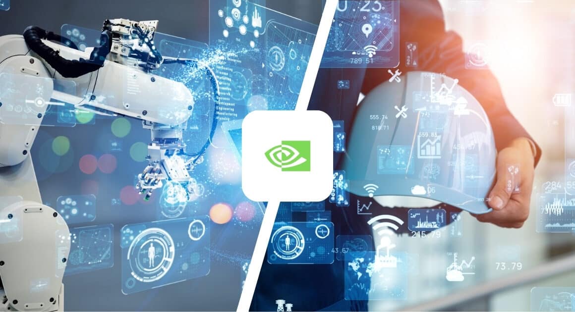 Split-Bild: Industrie-Roboterarm links, Smart-City-Symbole rechts – NVIDIA verknüpft reale Welt und KI