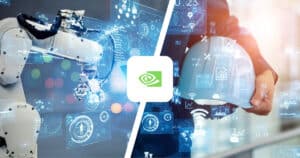 Split-Bild: Industrie-Roboterarm links, Smart-City-Symbole rechts – NVIDIA verknüpft reale Welt und KI