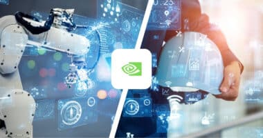 Split-Bild: Industrie-Roboterarm links, Smart-City-Symbole rechts – NVIDIA verknüpft reale Welt und KI