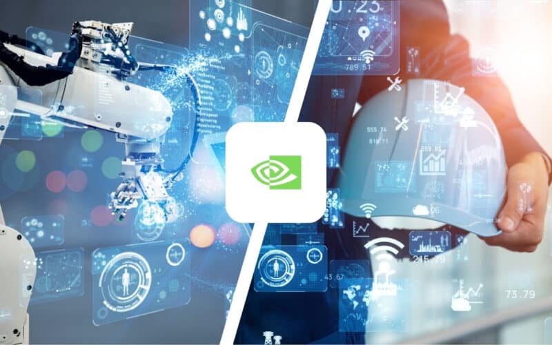 Split-Bild: Industrie-Roboterarm links, Smart-City-Symbole rechts – NVIDIA verknüpft reale Welt und KI
