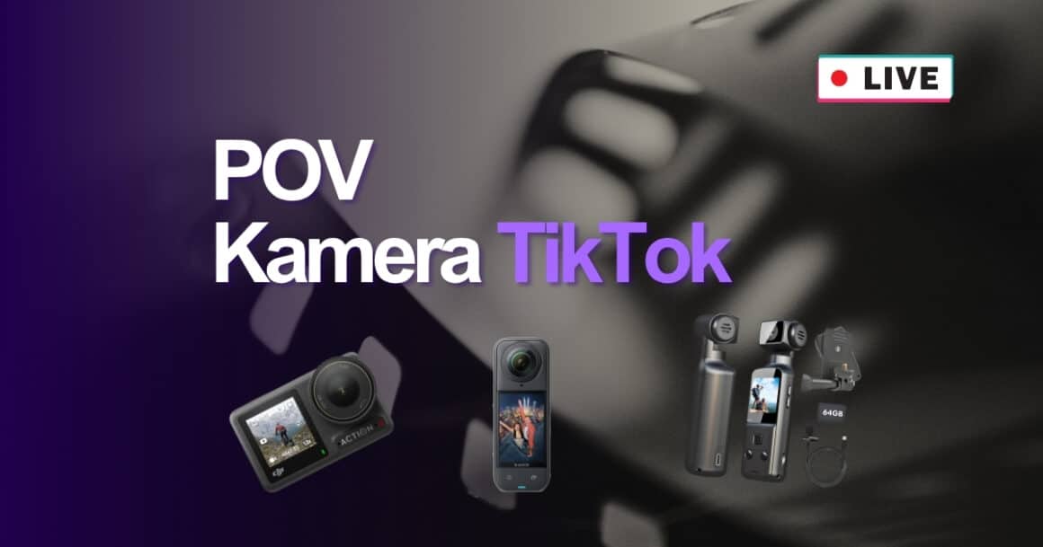POV Kamera für TikTok Banner: Dunkler lila Hintergrund mit weißem 'POV' und lila 'Kamera TikTok' Text, rotem 'LIVE' Badge und Abbildungen von Action-Kameras inklusive Insta360 X5, IXROAD 4K Bodycam mit Mikrofon und DJI Osmo Action 4.