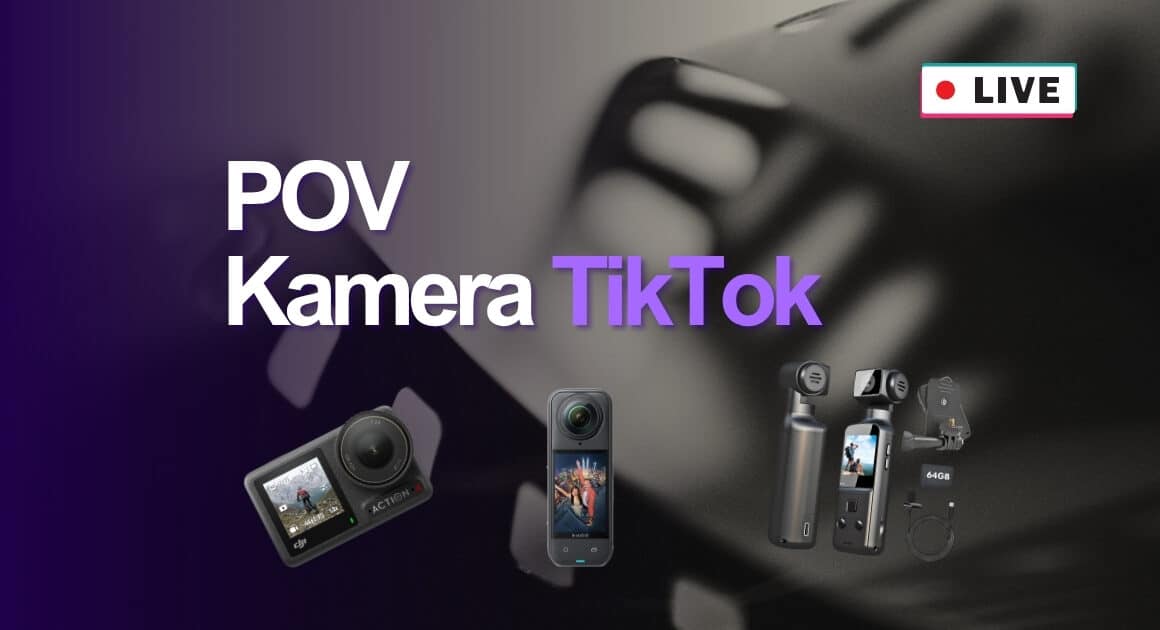 POV Kamera für TikTok Banner: Dunkler lila Hintergrund mit weißem 'POV' und lila 'Kamera TikTok' Text, rotem 'LIVE' Badge und Abbildungen von Action-Kameras inklusive Insta360 X5, IXROAD 4K Bodycam mit Mikrofon und DJI Osmo Action 4.
