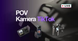 POV Kamera für TikTok Banner: Dunkler lila Hintergrund mit weißem 'POV' und lila 'Kamera TikTok' Text, rotem 'LIVE' Badge und Abbildungen von Action-Kameras inklusive Insta360 X5, IXROAD 4K Bodycam mit Mikrofon und DJI Osmo Action 4.