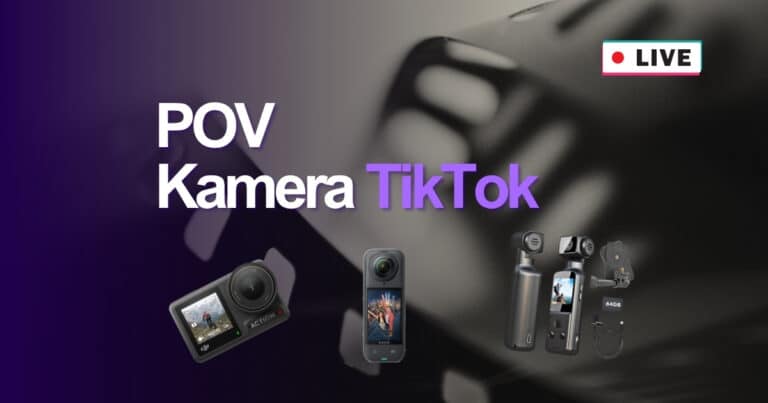 POV Kamera für TikTok Banner: Dunkler lila Hintergrund mit weißem 'POV' und lila 'Kamera TikTok' Text, rotem 'LIVE' Badge und Abbildungen von Action-Kameras inklusive Insta360 X5, IXROAD 4K Bodycam mit Mikrofon und DJI Osmo Action 4.