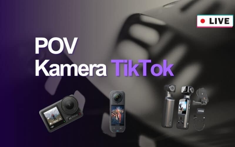 POV Kamera für TikTok Banner: Dunkler lila Hintergrund mit weißem 'POV' und lila 'Kamera TikTok' Text, rotem 'LIVE' Badge und Abbildungen von Action-Kameras inklusive Insta360 X5, IXROAD 4K Bodycam mit Mikrofon und DJI Osmo Action 4.
