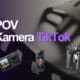 POV Kamera für TikTok Banner: Dunkler lila Hintergrund mit weißem 'POV' und lila 'Kamera TikTok' Text, rotem 'LIVE' Badge und Abbildungen von Action-Kameras inklusive Insta360 X5, IXROAD 4K Bodycam mit Mikrofon und DJI Osmo Action 4.