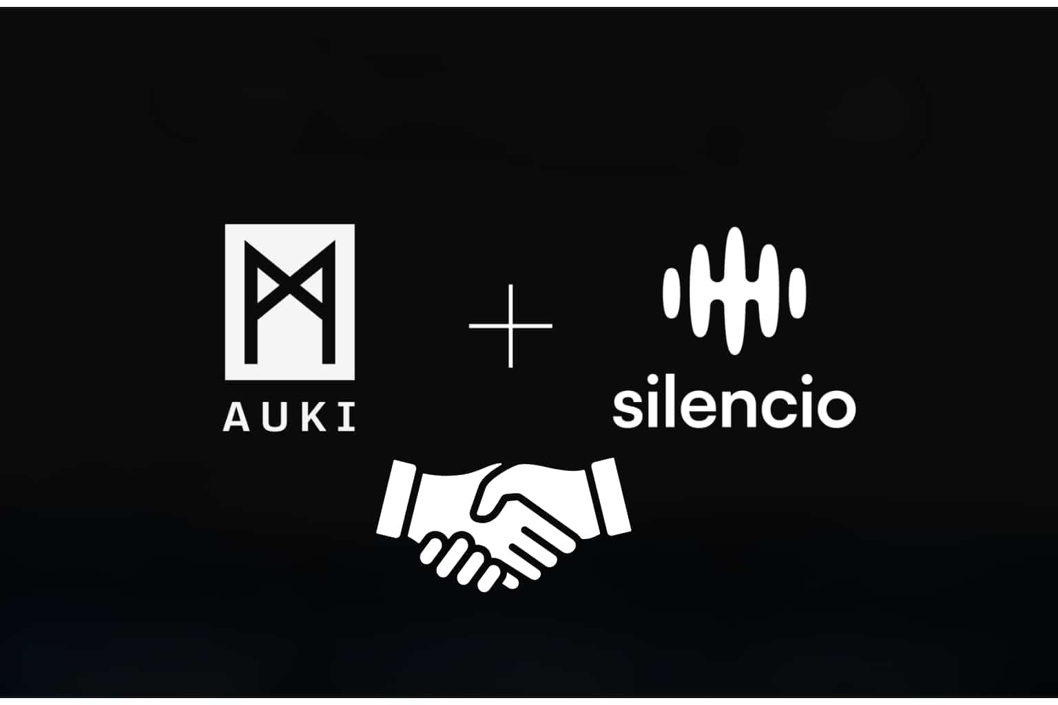 Logo-Kombination von Auki Labs und Silencio mit Handschlag-Symbol zur Ankündigung einer Partnerschaft.