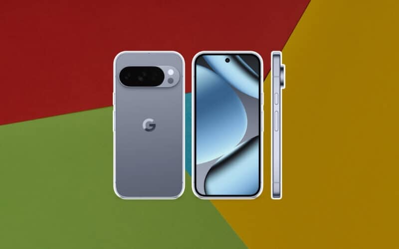 Neues Google Pixel 10 in Grau – Rückansicht mit Kameraeinheit, Frontansicht mit großem Display und Seitenansicht des Rahmens.