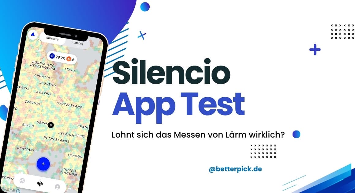 Smartphone mit geöffneter Silencio App zeigt farbige Lärmkarte von Europa, daneben Text „Silencio App Test – Lohnt sich das Messen von Lärm wirklich?“