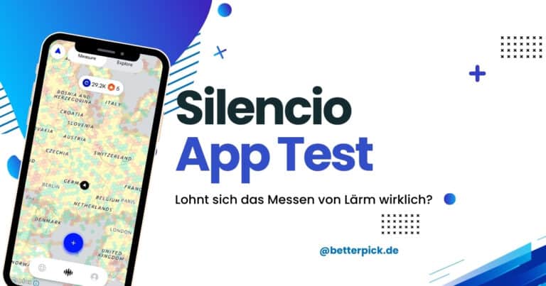Smartphone mit geöffneter Silencio App zeigt farbige Lärmkarte von Europa, daneben Text „Silencio App Test – Lohnt sich das Messen von Lärm wirklich?“