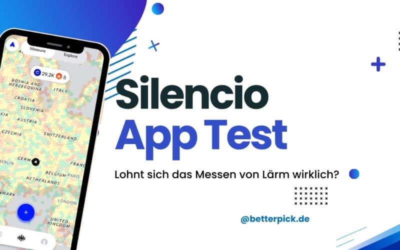 Smartphone mit geöffneter Silencio App zeigt farbige Lärmkarte von Europa, daneben Text „Silencio App Test – Lohnt sich das Messen von Lärm wirklich?“