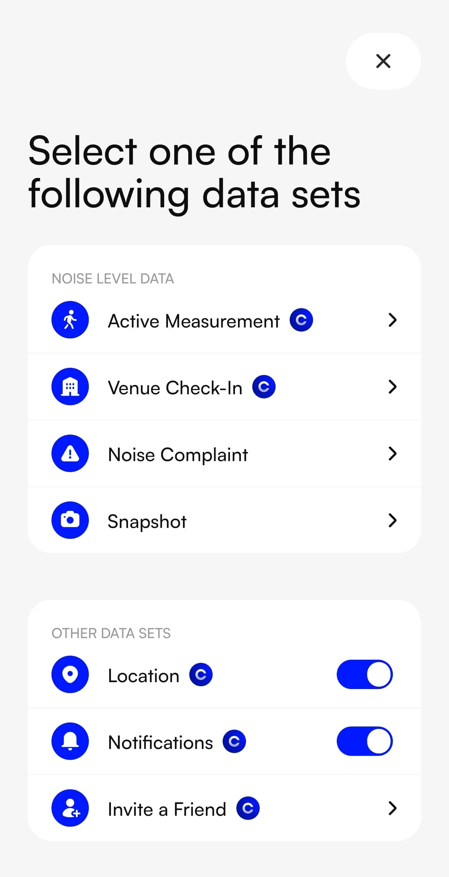 Menü in der Silencio App mit Optionen wie Active Measurement, Venue Check-In, Noise Complaint und Snapshot.