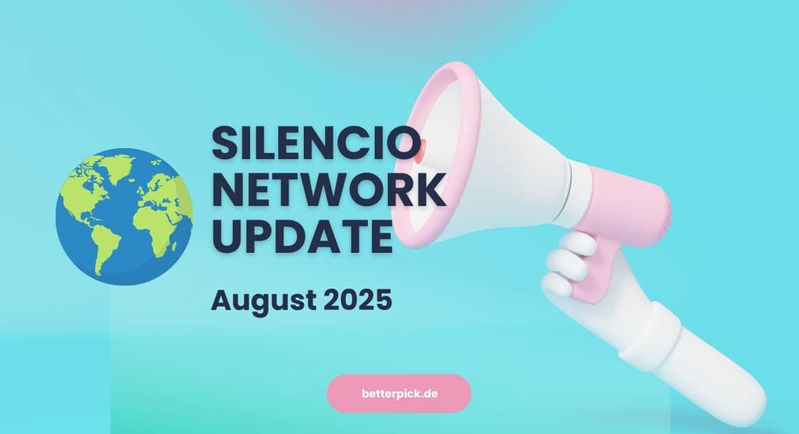 3D-Illustration mit Megafon und Weltkugel, Text „Silencio Network Update August 2025“, auf blauem Hintergrund.