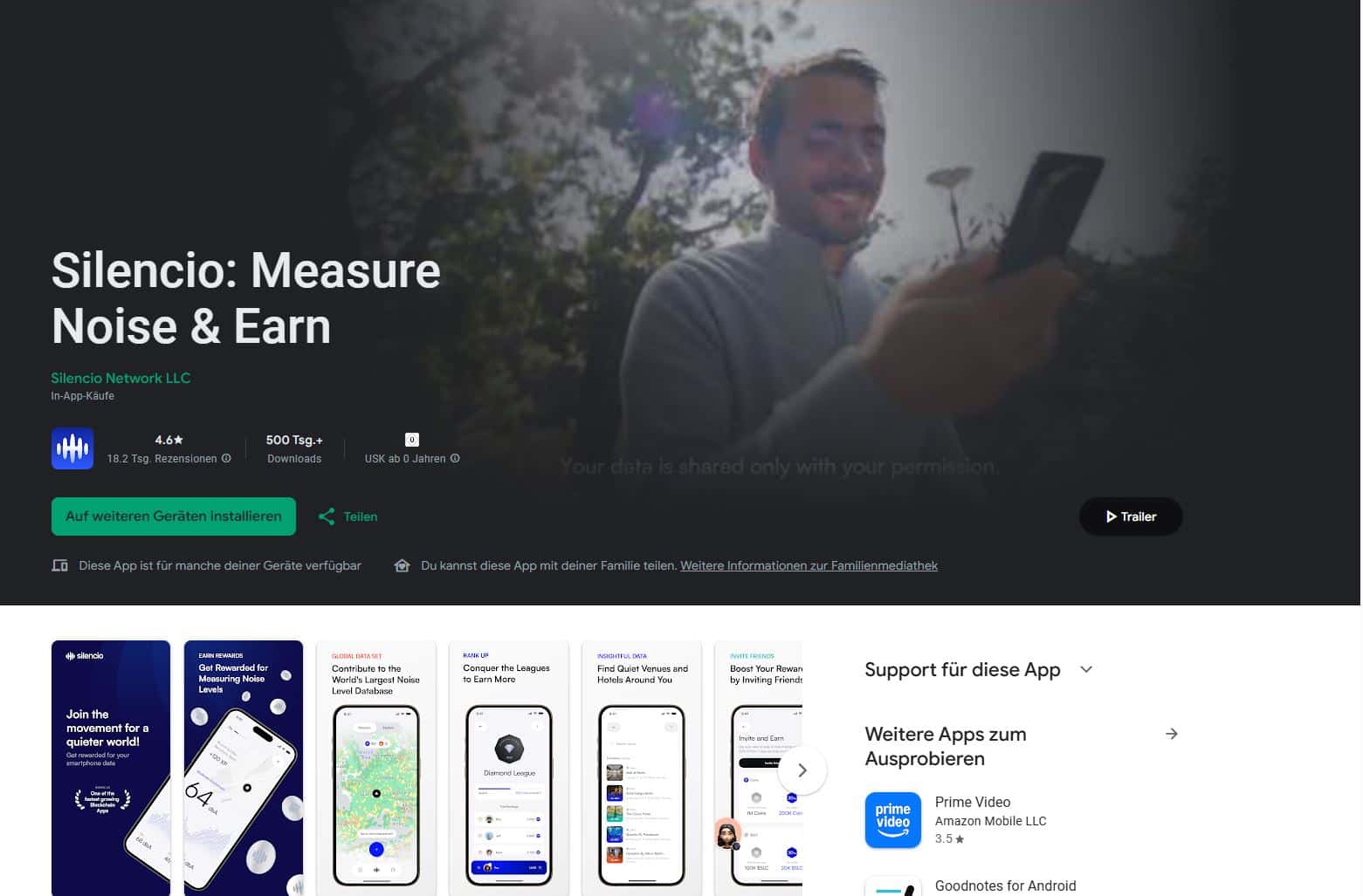 Google-Play-Store-Seite der App „Silencio: Measure Noise & Earn“ mit App-Bewertung, Installationsbutton und Vorschaubildern.