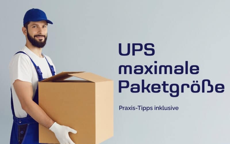 Zusteller mit großem Versandkarton vor neutralem Hintergrund – Thema: UPS maximale Paketgröße 2025 in Deutschland