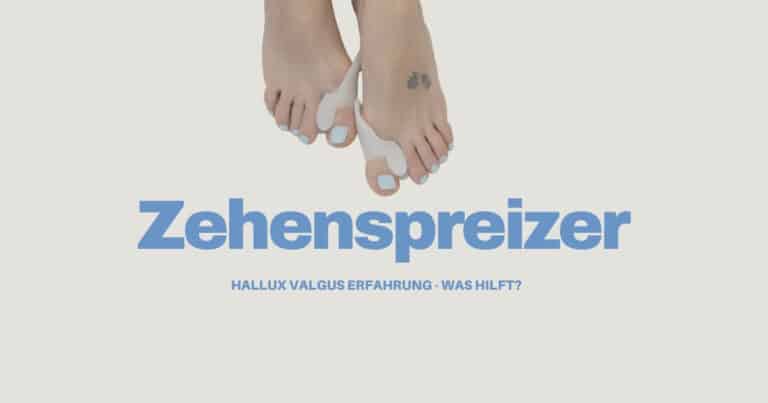 Zehenspreizer Hallux Valgus Erfahrung: Illustrierte Füße mit Silikon-Zehenspreizern auf hellem Hintergrund, mit Text "Zehenspreizer" und "Hallux Valgus Erfahrung - Was hilft?"