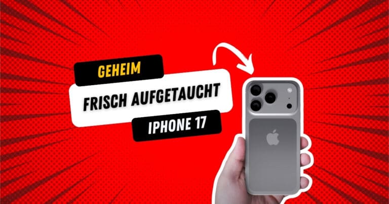 Geheimer Leak: iPhone 17 Pro in Händen – rote Comic-Hintergrundgrafik mit Schriftzug ‚GEHEIM FRISCH AUFGETAUCHT IPHONE 17