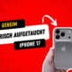Geheimer Leak: iPhone 17 Pro in Händen – rote Comic-Hintergrundgrafik mit Schriftzug ‚GEHEIM FRISCH AUFGETAUCHT IPHONE 17