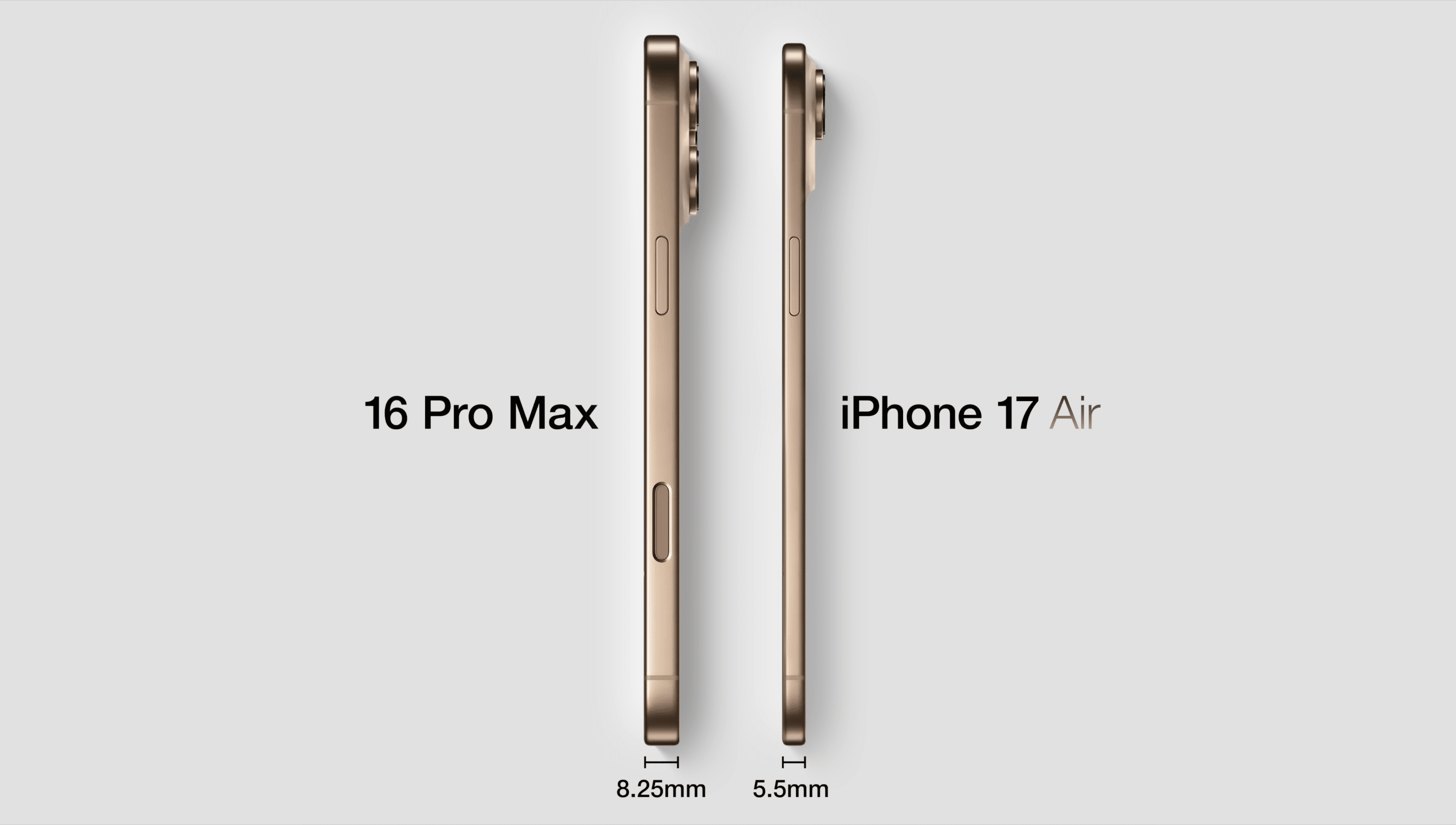 Seitenansicht im Vergleich: iPhone 16 Pro Max (8,25 mm) neben iPhone 17 Air (5,5 mm) vor weißem Hintergrund