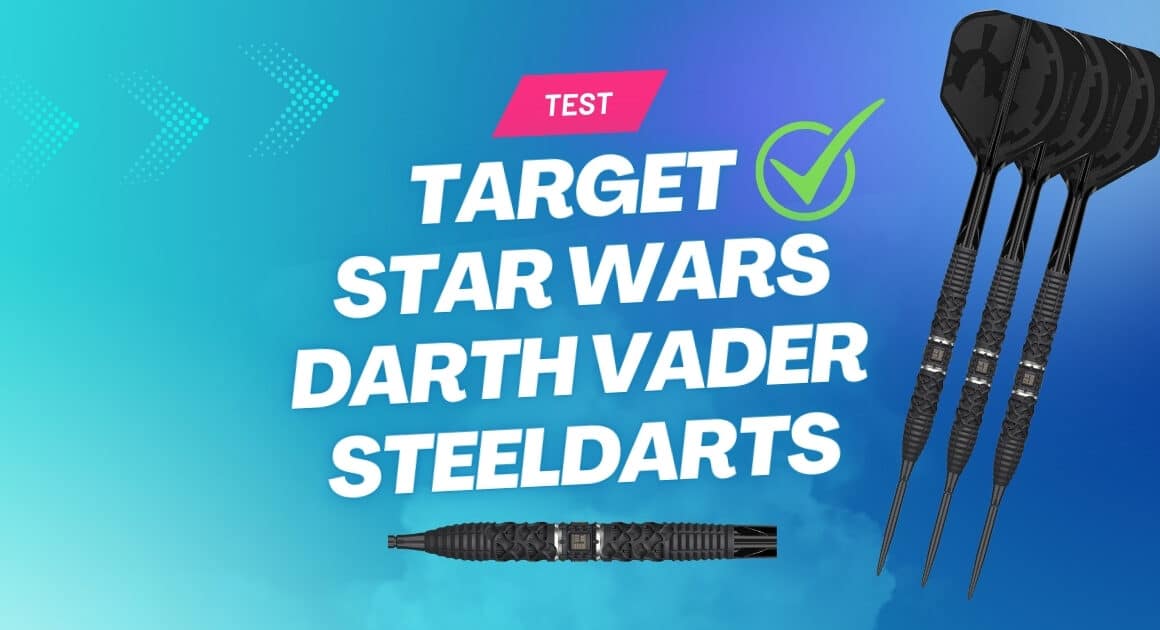 Beitragsbild zum Target Star Wars Darth Vader Steeldarts Test mit Schriftzug, grünem Häkchen sowie drei schwarzen Darth-Vader-Darts und Barrel auf blauem Hintergrund.