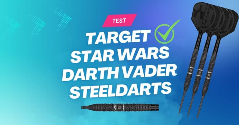 Beitragsbild zum Target Star Wars Darth Vader Steeldarts Test mit Schriftzug, grünem Häkchen sowie drei schwarzen Darth-Vader-Darts und Barrel auf blauem Hintergrund.