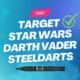 Beitragsbild zum Target Star Wars Darth Vader Steeldarts Test mit Schriftzug, grünem Häkchen sowie drei schwarzen Darth-Vader-Darts und Barrel auf blauem Hintergrund.