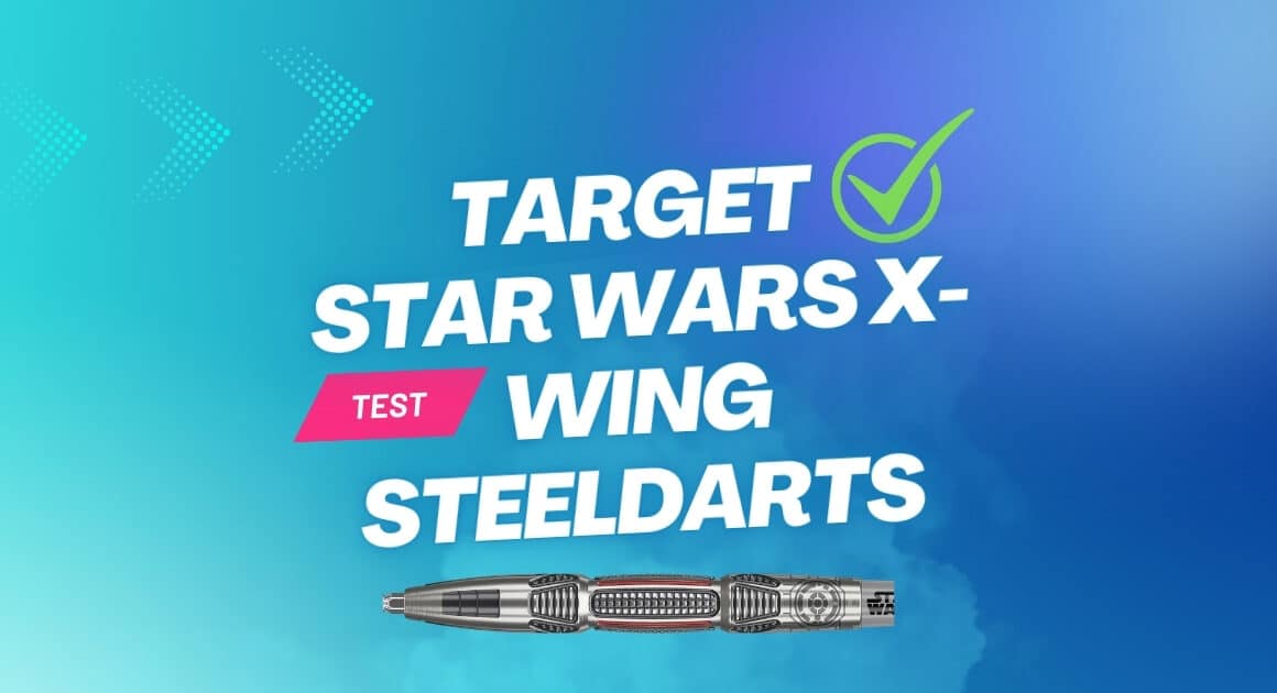 Beitragsbild zum Test der Target Star Wars X-Wing Steeldarts mit großem Schriftzug, grünem Häkchen und Abbildung des Dart-Barrels auf blauem Hintergrund.