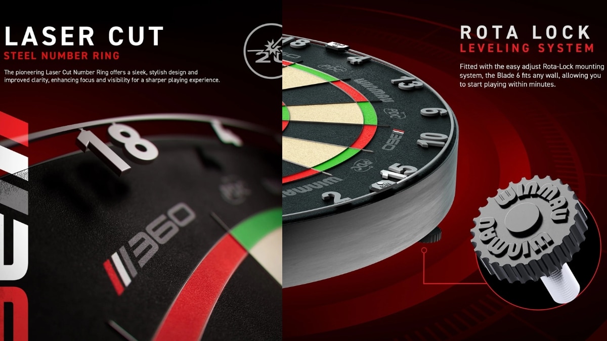 Detailansicht der Winmau Blade 360 mit Laser-Cut-Stahlzahlenring und Rota-Lock-Leveling-System, offizielle Produktabbildung von Winmau.