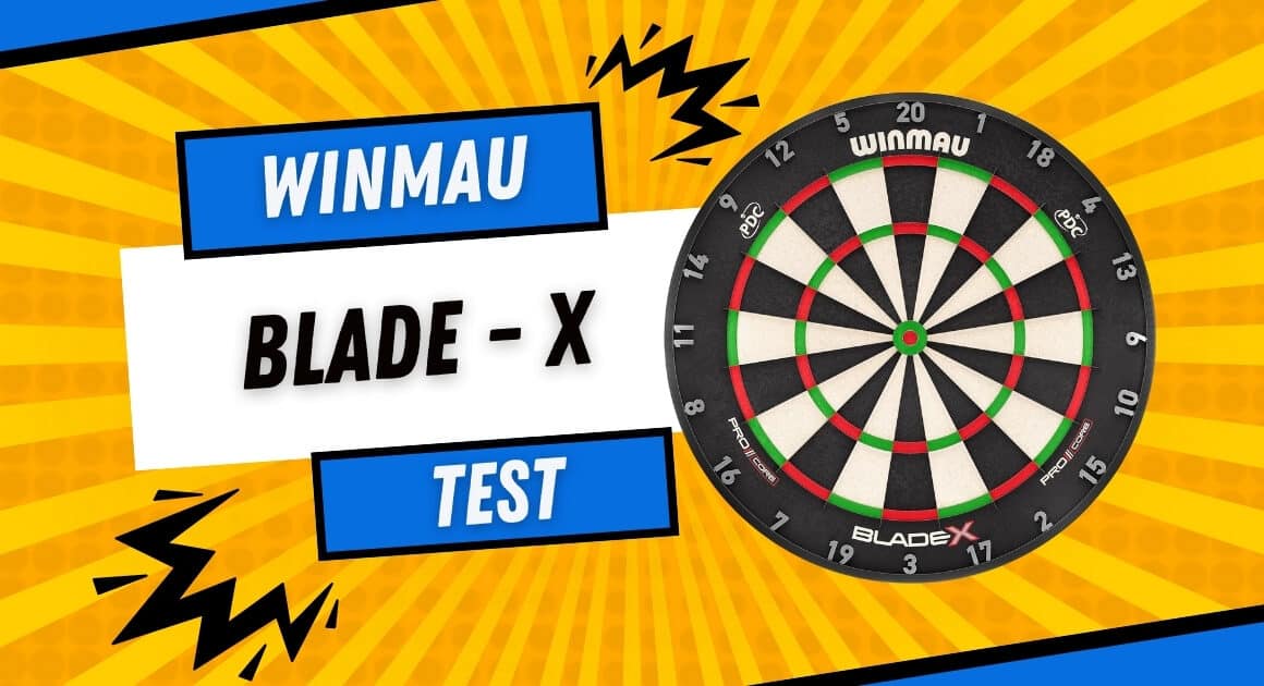 Winmau Blade X Dartboard als Grafik auf gelbem Comic-Hintergrund mit Schriftzug „WINMAU“, „BLADE-X“ und „TEST“ (Beitragsbild zum Winmau Blade X Test).