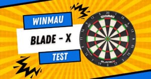 Winmau Blade X Dartboard als Grafik auf gelbem Comic-Hintergrund mit Schriftzug „WINMAU“, „BLADE-X“ und „TEST“ (Beitragsbild zum Winmau Blade X Test).