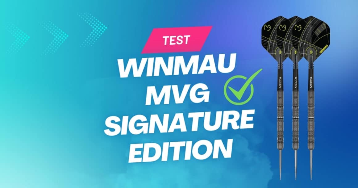 Winmau Michael Van Gerwen (MvG) Signature Edition Steeldarts im Test – drei Darts neben Schriftzug und Haken-Symbol.