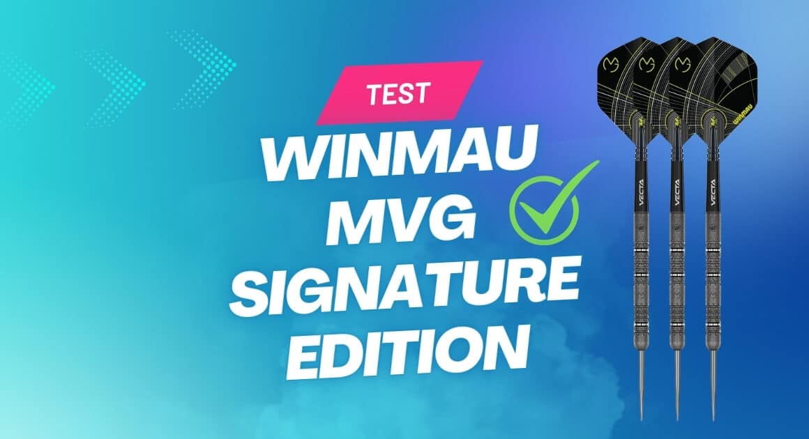 Winmau Michael Van Gerwen (MvG) Signature Edition Steeldarts im Test – drei Darts neben Schriftzug und Haken-Symbol.
