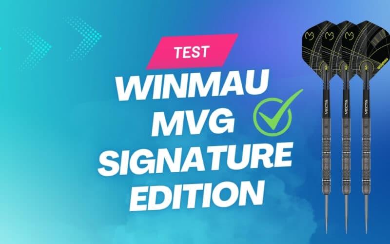 Winmau Michael Van Gerwen (MvG) Signature Edition Steeldarts im Test – drei Darts neben Schriftzug und Haken-Symbol.