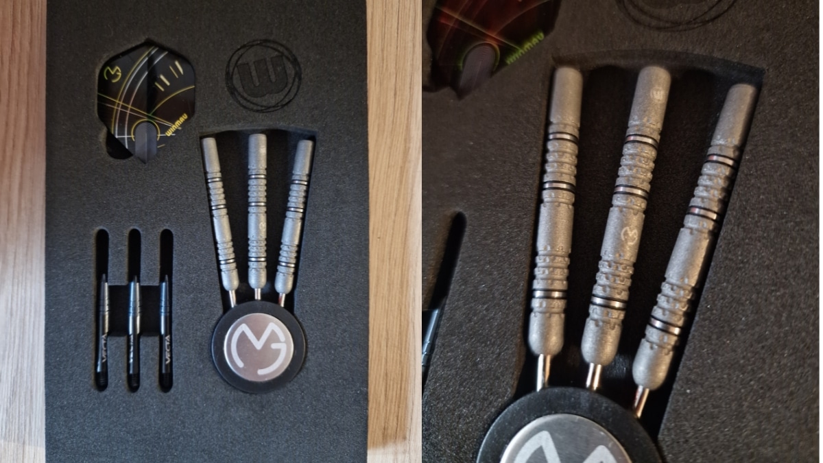 Winmau Michael Van Gerwen MvG Signature Edition Steeldarts (90% Wolfram) im Schaumstoff-Inlay mit Flights und Schäften.