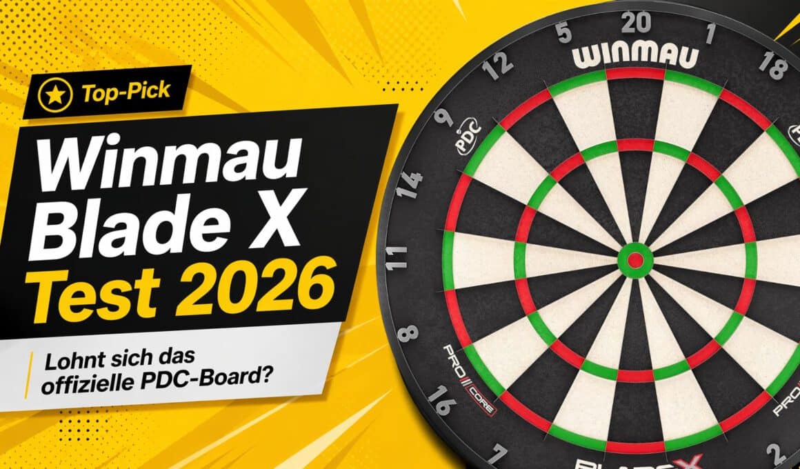 Winmau Blade X Dartscheibe auf gelbem Hintergrund mit Schriftzug Winmau Blade X Test 2026 und Top-Pick-Hinweis