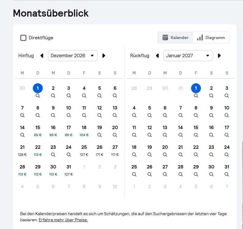 Screenshot der Flugsuche auf Skyscanner mit Monatsübersicht für Flüge von Deutschland nach London rund um die Darts WM im Ally Pally