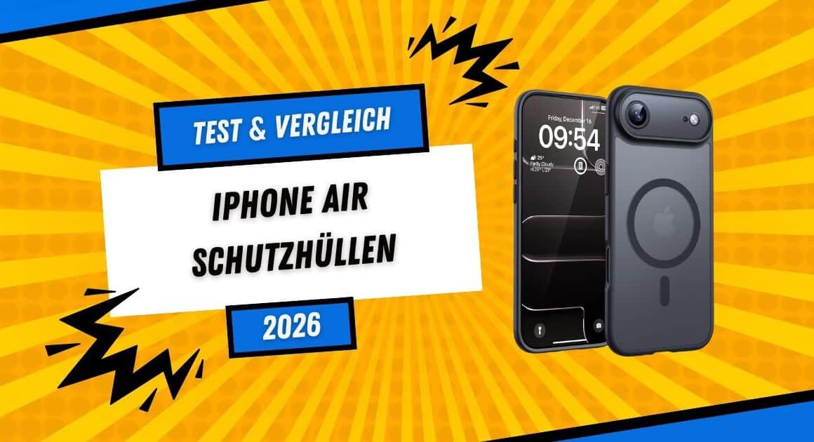 iPhone Air Schutzhüllen Test & Vergleich 2026 – Zwei schwarze MagSafe-Hüllen auf gelbem Comic-Hintergrund