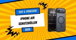 iPhone Air Schutzhüllen Test & Vergleich 2026 – Zwei schwarze MagSafe-Hüllen auf gelbem Comic-Hintergrund