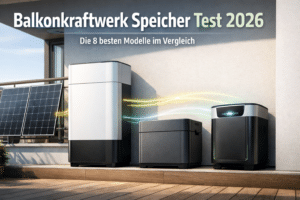 Balkonkraftwerk Speicher Test 2026 mit drei modernen Solarspeichern auf Balkonanlage und Solarmodulen zur Eigenstromspeicherung
